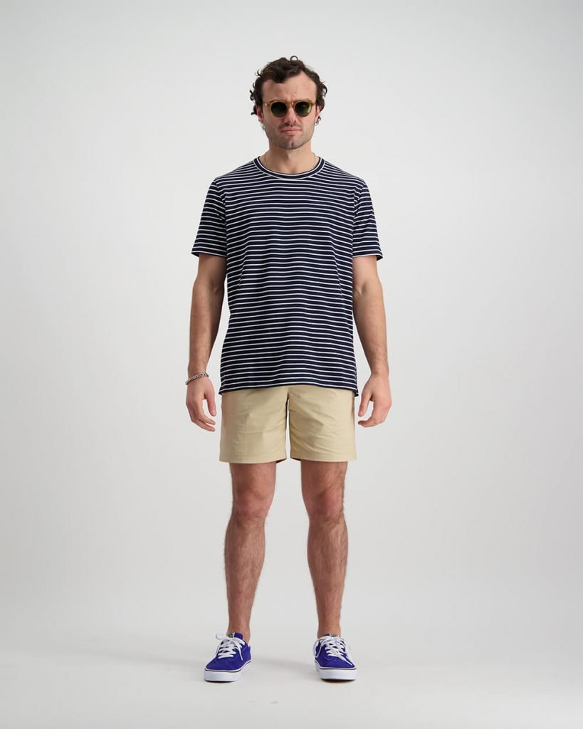 Male Model photography wearing stripe tee, brown shorts and sunglasses