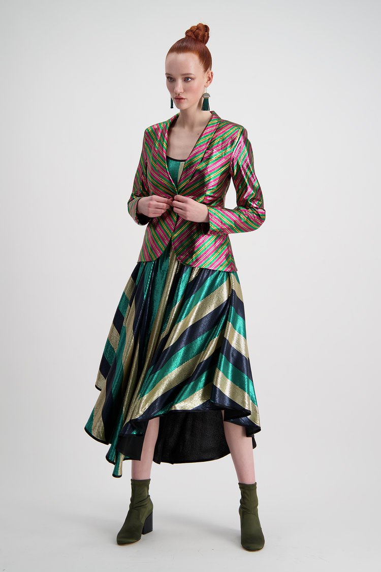 Female Model in multicoloured dress and jacket. On-Model Photography Auckland