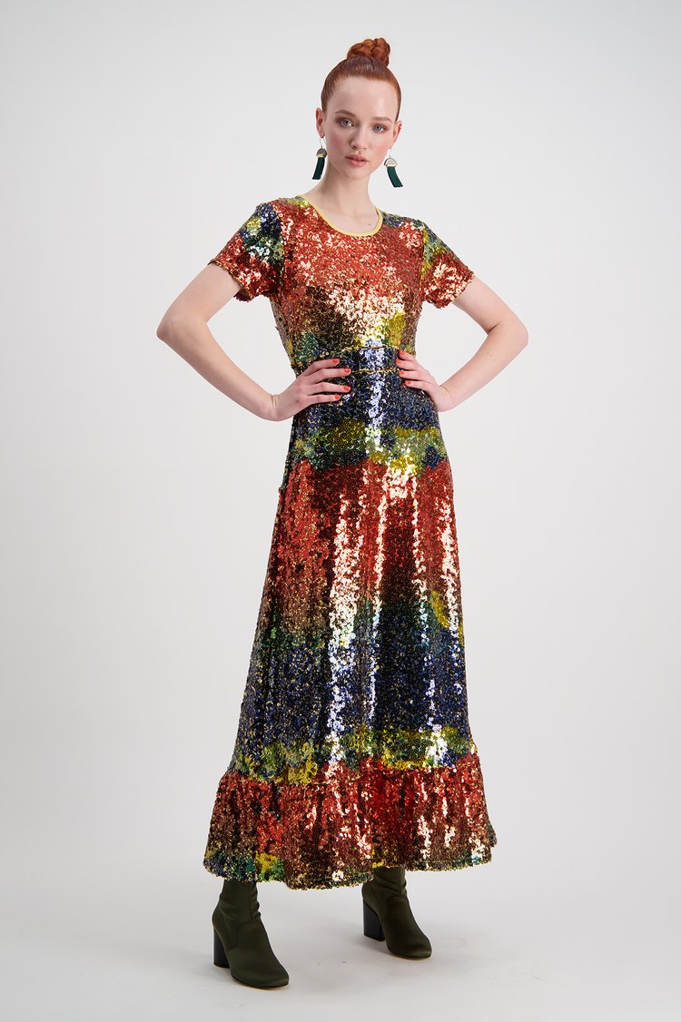 Female Model in multicoloured dress with sequences. On-Model Photography Auckland