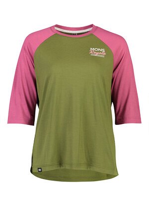 Womens three-quarter sleeve tee, green with pink sleeves from Mons Royale on Mannequin