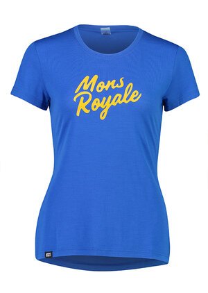 Womens Blue short-sleeved tee with yellow Mons Royale Logo on fornt