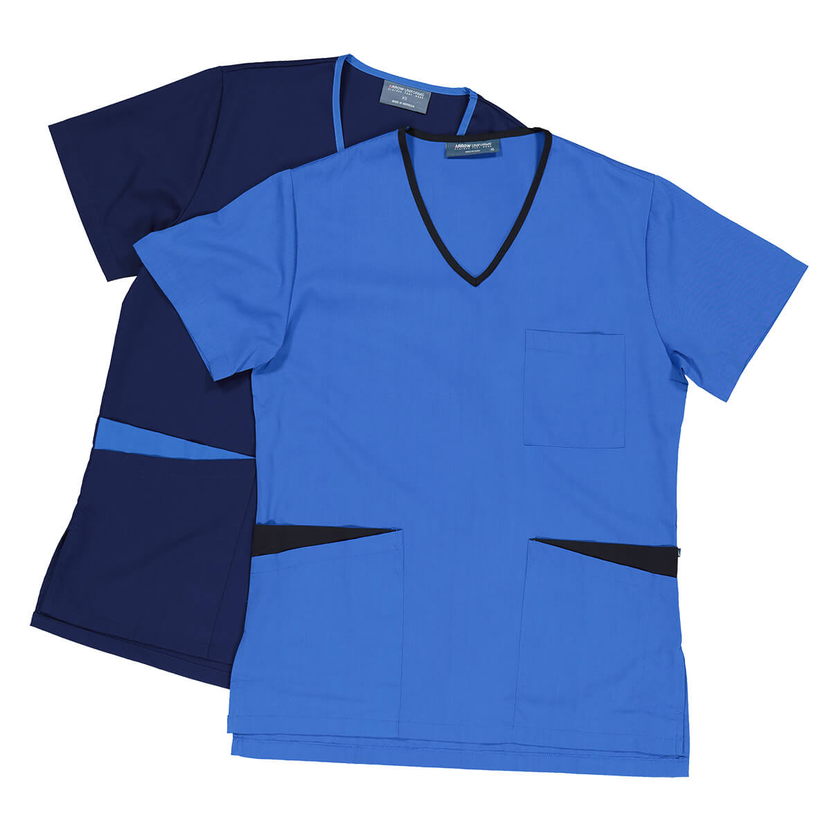 Nurse uniforms in light blue and dark blue photography flat lay