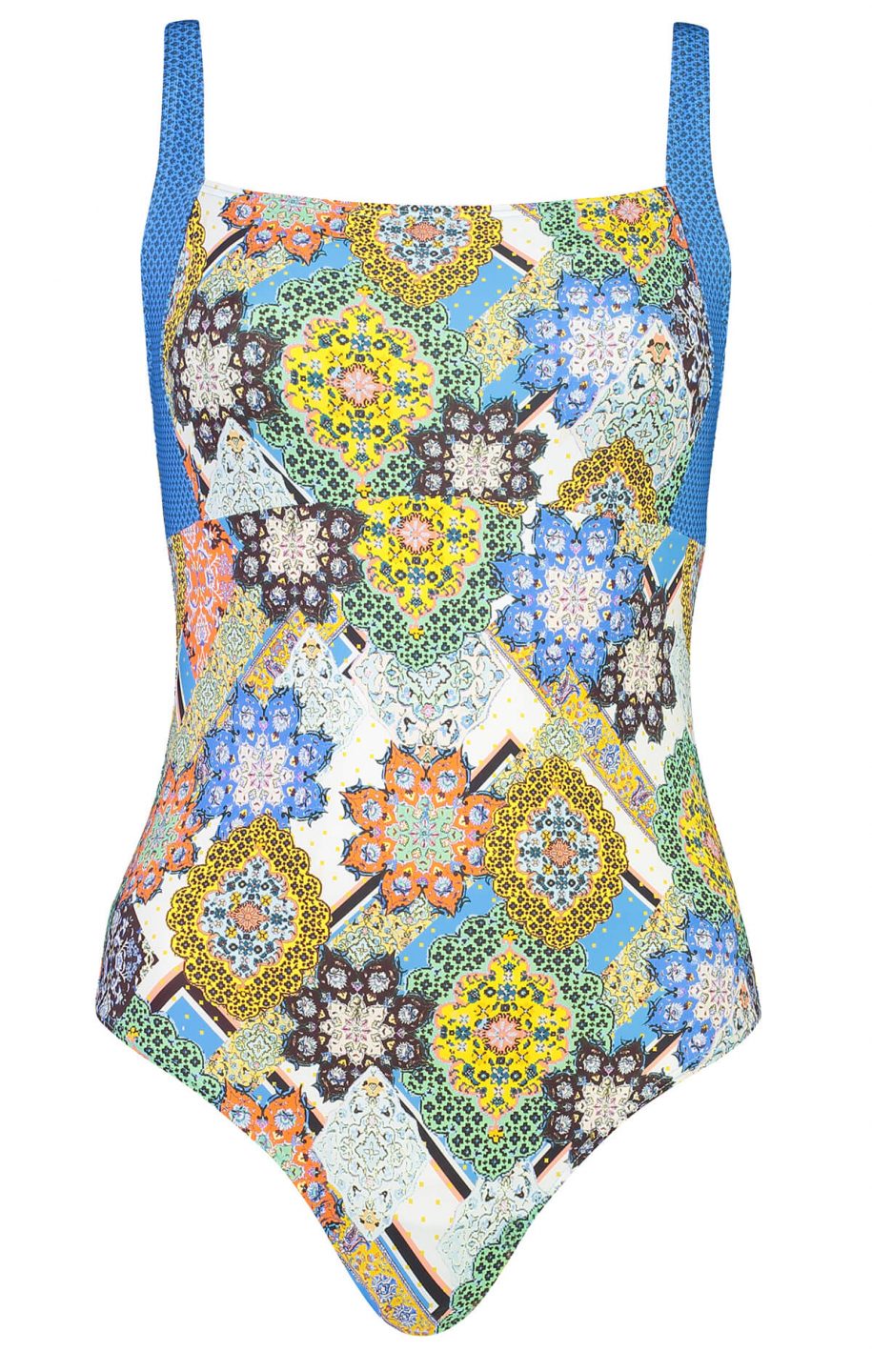 Blue, yellow, orange and purple multicoloured one piece swim suit for women