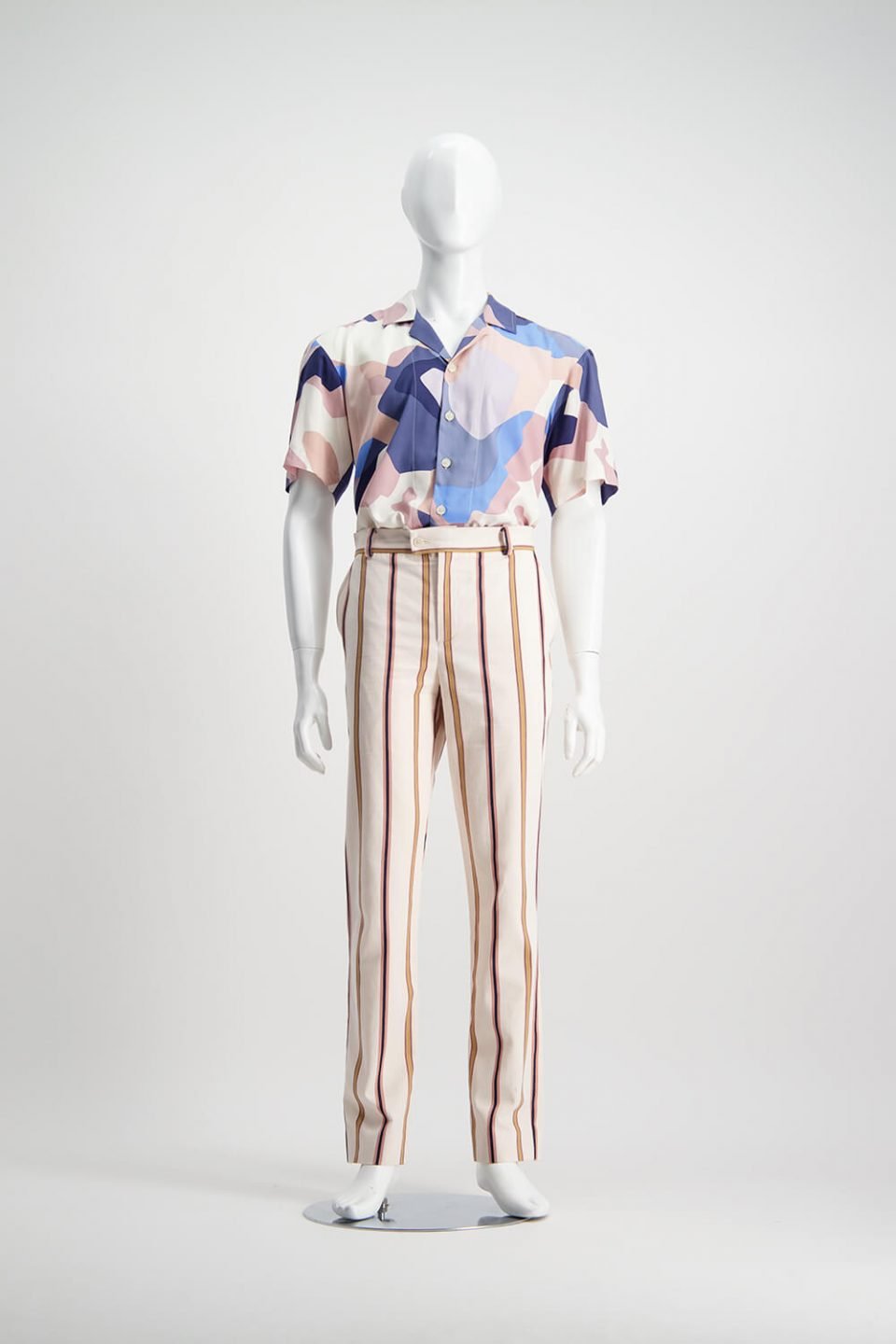 Mens striped pants with a pastel multi coloured shirt tucked in from WORLD brand