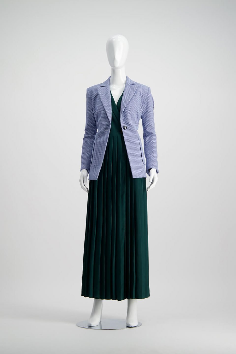 Green Dress with a Blue tailored jacket over the top from WORLD brand