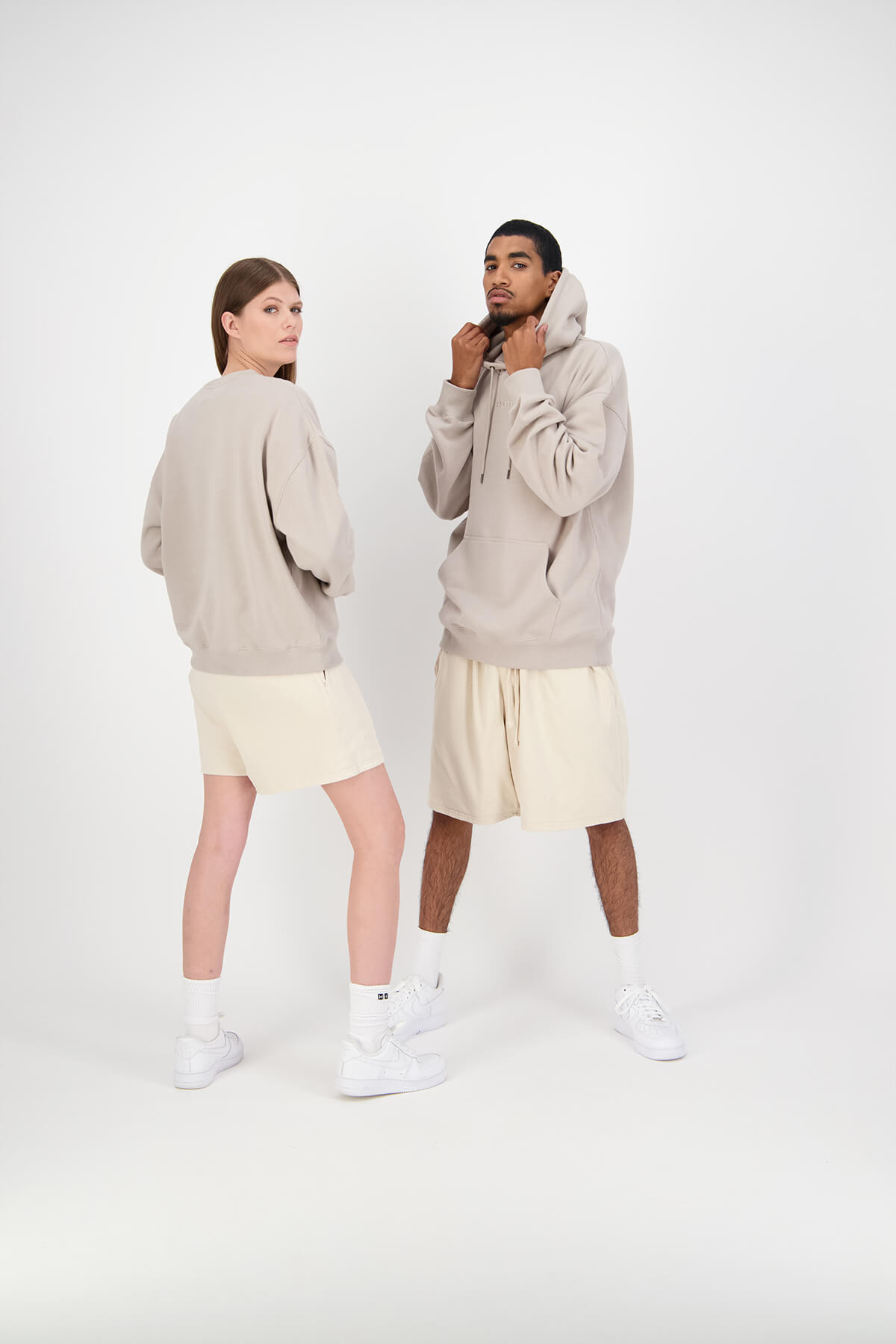 Huffer models wearing brown streetwear fashion studio photography and video