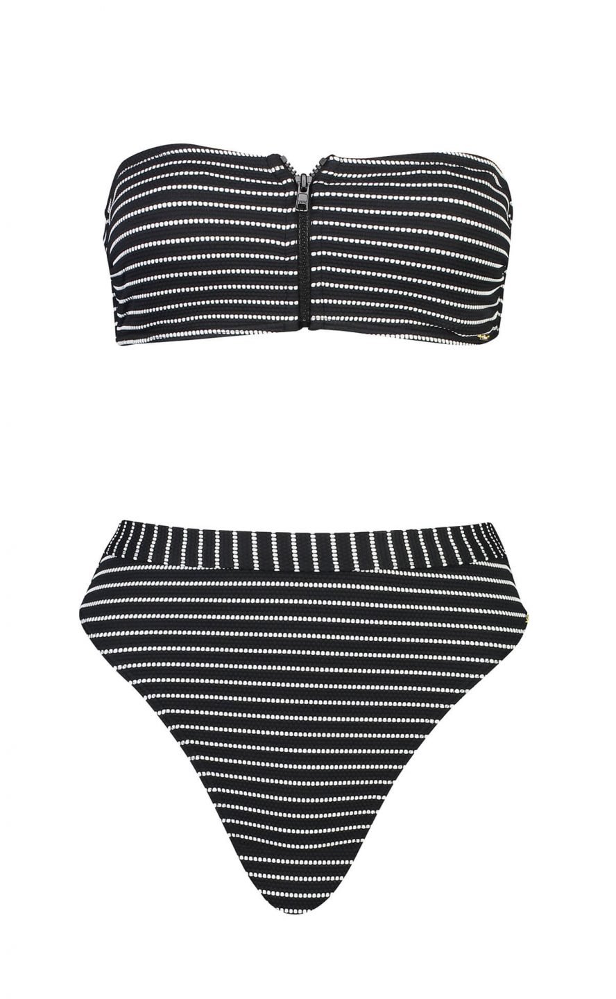 Black and white striped strapless bikini on mannequin